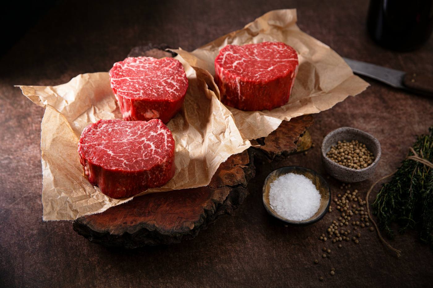 Wagyu fillets on paper